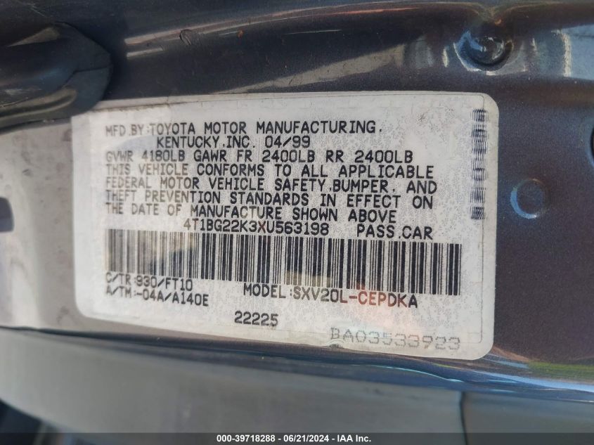 1999 Toyota Camry Ce VIN: 4T1BG22K3XU563198 Lot: 39718288