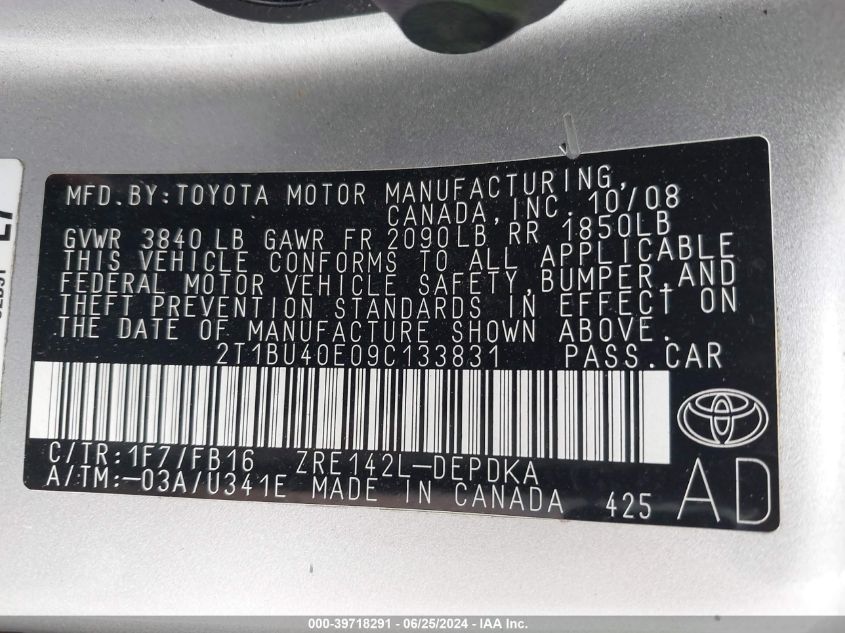 2009 Toyota Corolla Le VIN: 2T1BU40E09C133831 Lot: 39718291