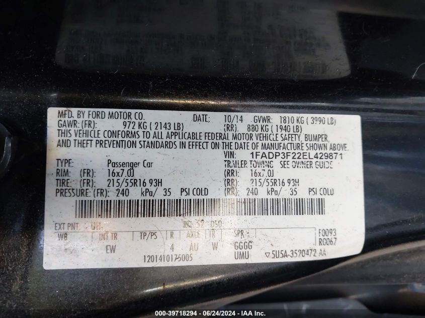 2014 Ford Focus Se VIN: 1FADP3F22EL429871 Lot: 39718294