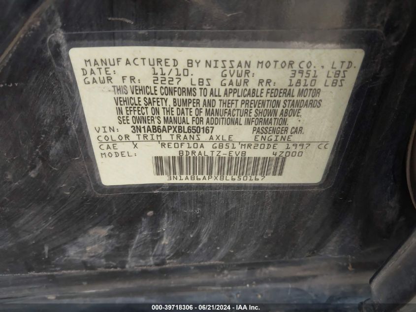 2011 Nissan Sentra 2.0S VIN: 3N1AB6APXBL650167 Lot: 39718306