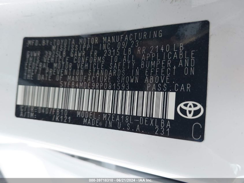 5YFB4MDE9RP081593 | 2024 TOYOTA COROLLA