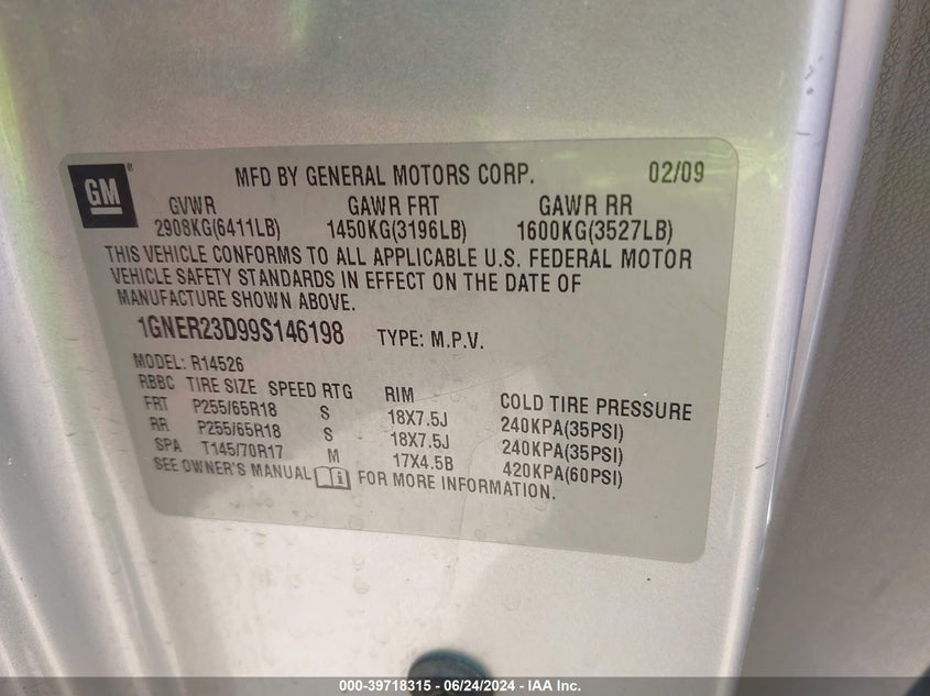 2009 Chevrolet Traverse Lt VIN: 1GNER23D99S146198 Lot: 39718315