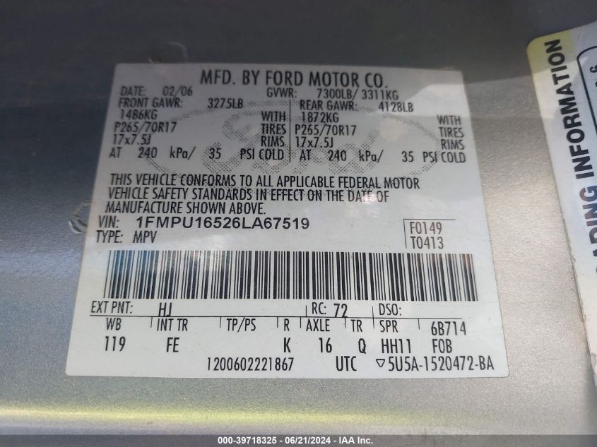 2006 Ford Expedition Xlt/Xlt Sport VIN: 1FMPU16526LA67519 Lot: 39718325