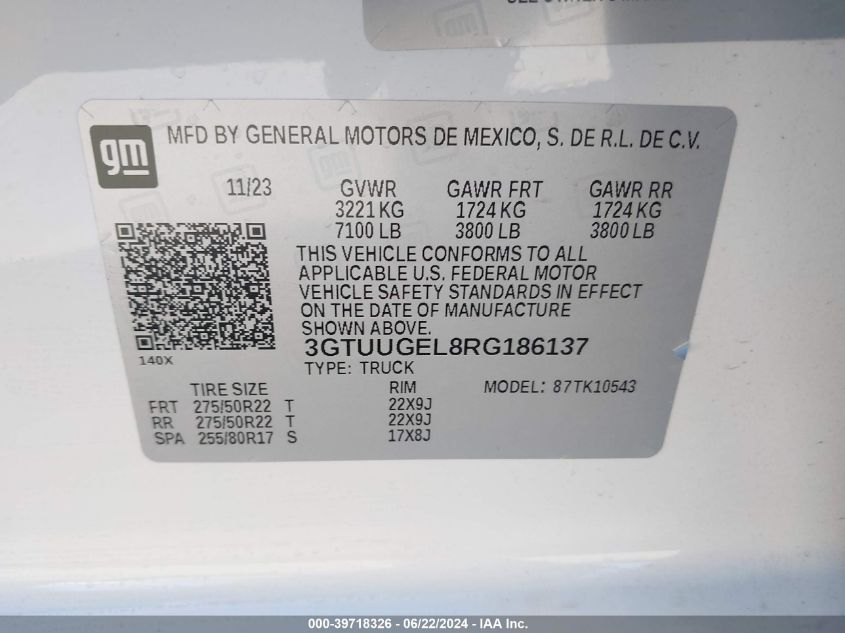 2024 GMC Sierra 1500 Denali VIN: 3GTUUGEL8RG186137 Lot: 39718326