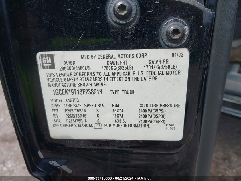 2003 Chevrolet Silverado K1500 VIN: 1GCEK19T13E238918 Lot: 39718350