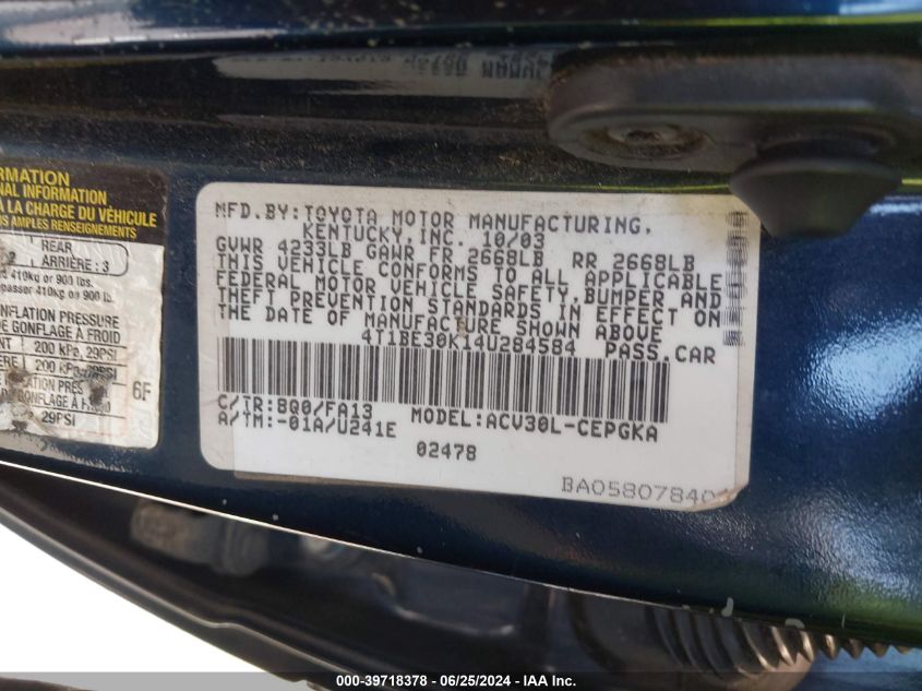 2004 Toyota Camry Xle VIN: 4T1BE30K14U284584 Lot: 39718378