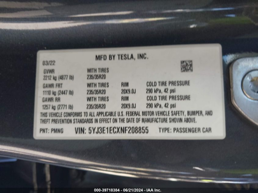 2022 Tesla Model 3 Performance Dual Motor All-Wheel Drive VIN: 5YJ3E1ECXNF208855 Lot: 39718384