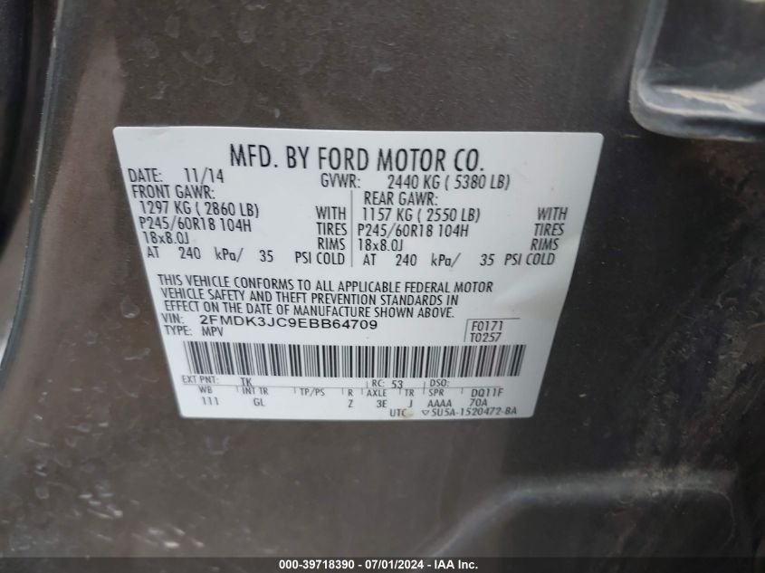 2014 Ford Edge Sel VIN: 2FMDK3JC9EBB64709 Lot: 39718390