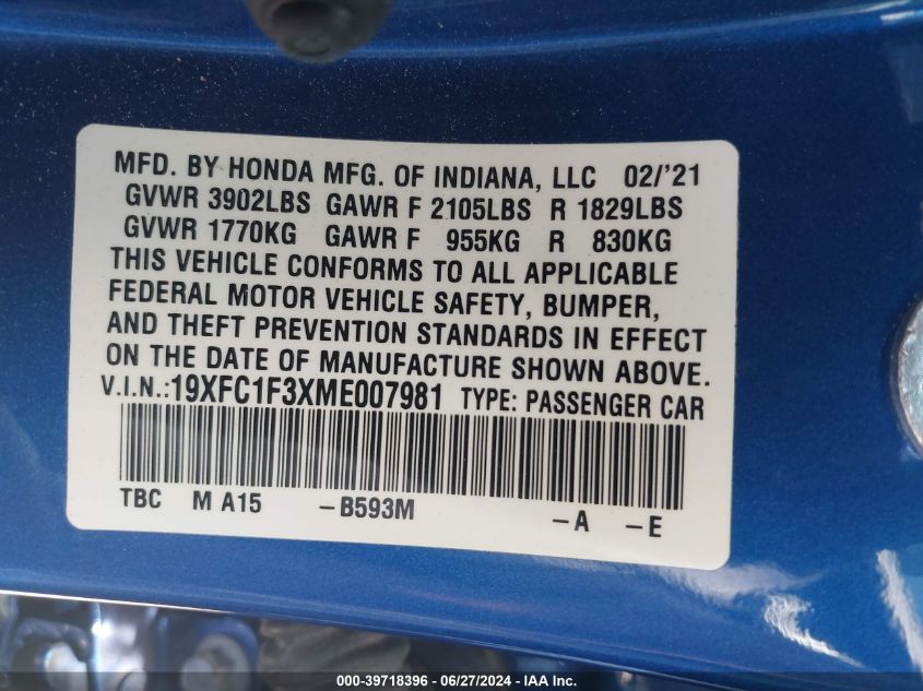 2021 Honda Civic Ex VIN: 19XFC1F3XME007981 Lot: 39718396