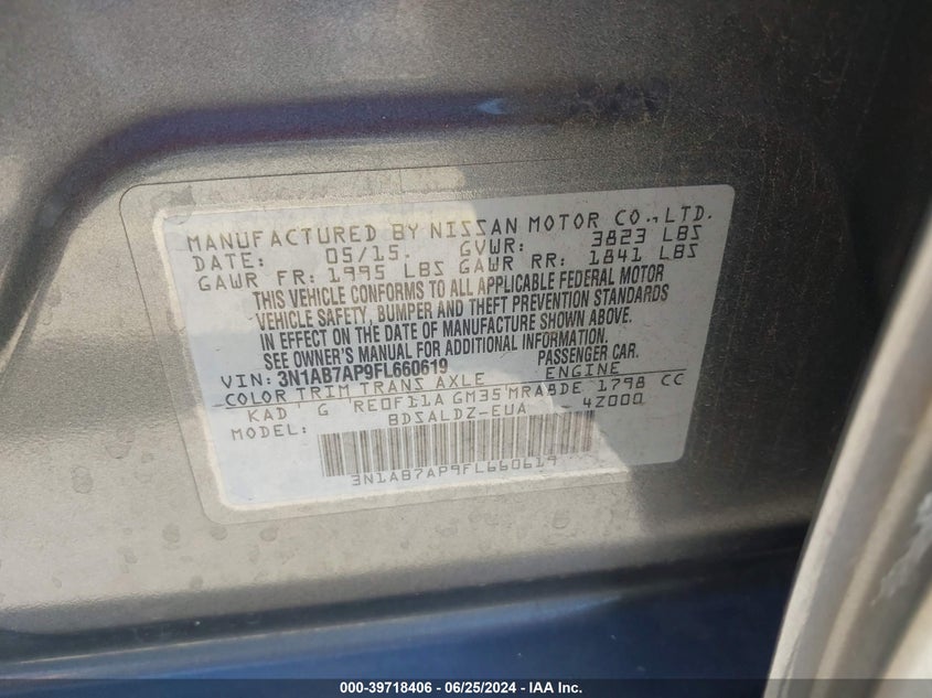 2015 Nissan Sentra Fe+ S/S/Sl/Sr/Sv VIN: 3N1AB7AP9FL660619 Lot: 39718406