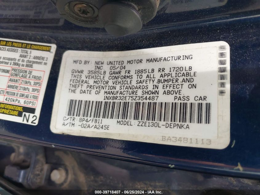 2005 Toyota Corolla Le VIN: 1NXBR32E75Z354487 Lot: 39718407