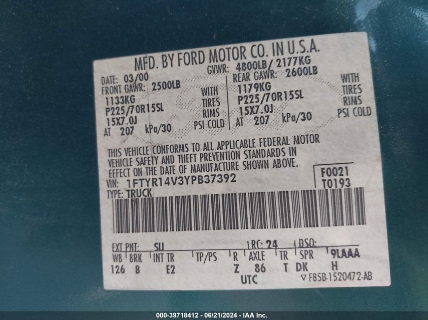 2000 Ford Ranger Xl/Xlt VIN: 1FTYR14V3YPB37392 Lot: 39718412