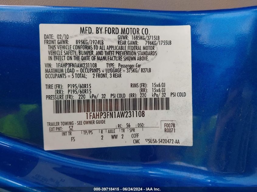 2010 Ford Focus Se VIN: 1FAHP3FN1AW231108 Lot: 39718415