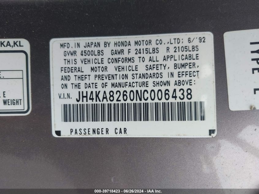 1992 Acura Legend L VIN: JH4KA8260NC006438 Lot: 39718423