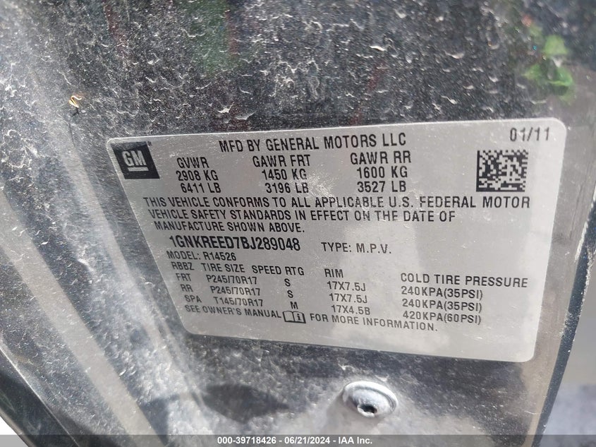 2011 Chevrolet Traverse Ls VIN: 1GNKREED7BJ289048 Lot: 39718426