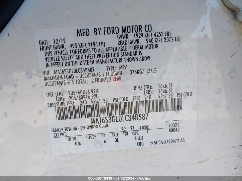 2020 Ford Ecosport Se VIN: MAJ6S3GL0LC348587 Lot: 39718438