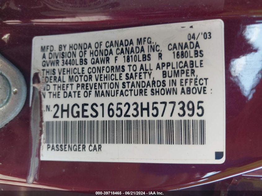 2003 Honda Civic Lx VIN: 2HGES16523H577395 Lot: 39718465