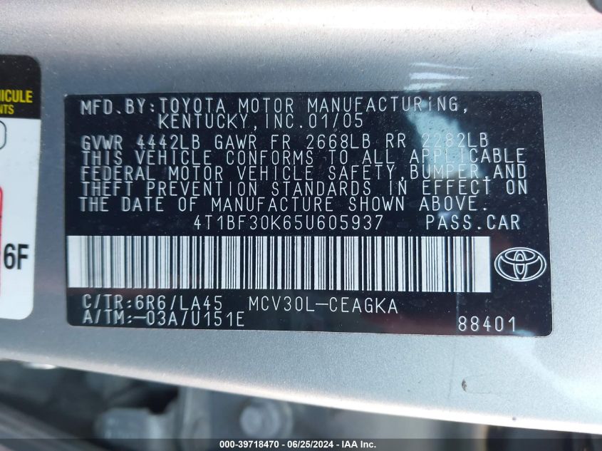 4T1BF30K65U605937 2005 Toyota Camry Xle V6