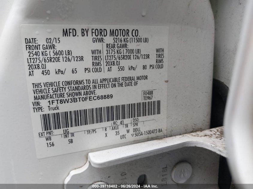 2015 Ford F-350 Lariat VIN: 1FT8W3BT0FEC68889 Lot: 39718482