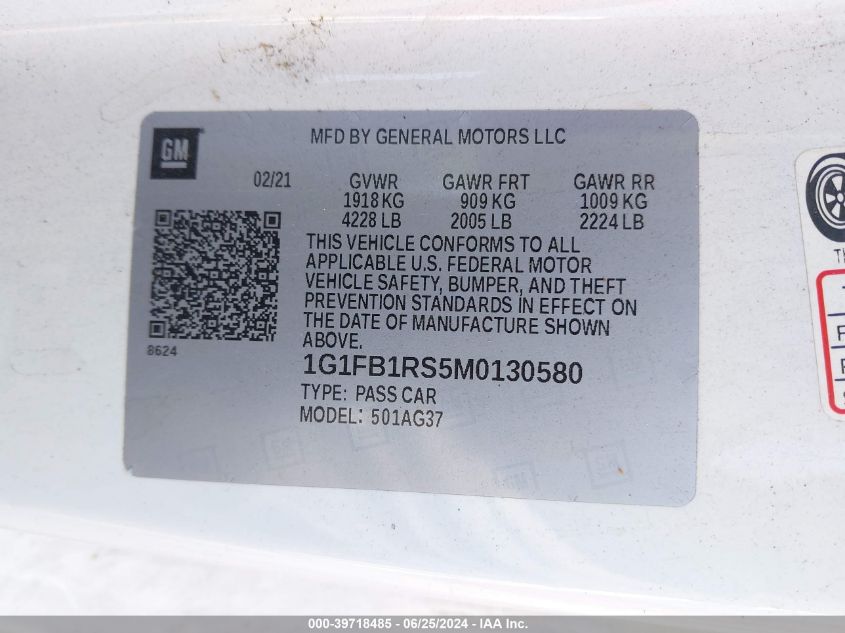 2021 Chevrolet Camaro Rwd 1Lt VIN: 1G1FB1RS5M0130580 Lot: 39718485