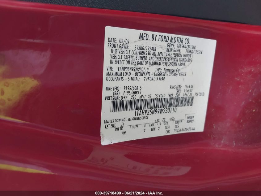 2009 Ford Focus Se VIN: 1FAHP35N99W230110 Lot: 39718490