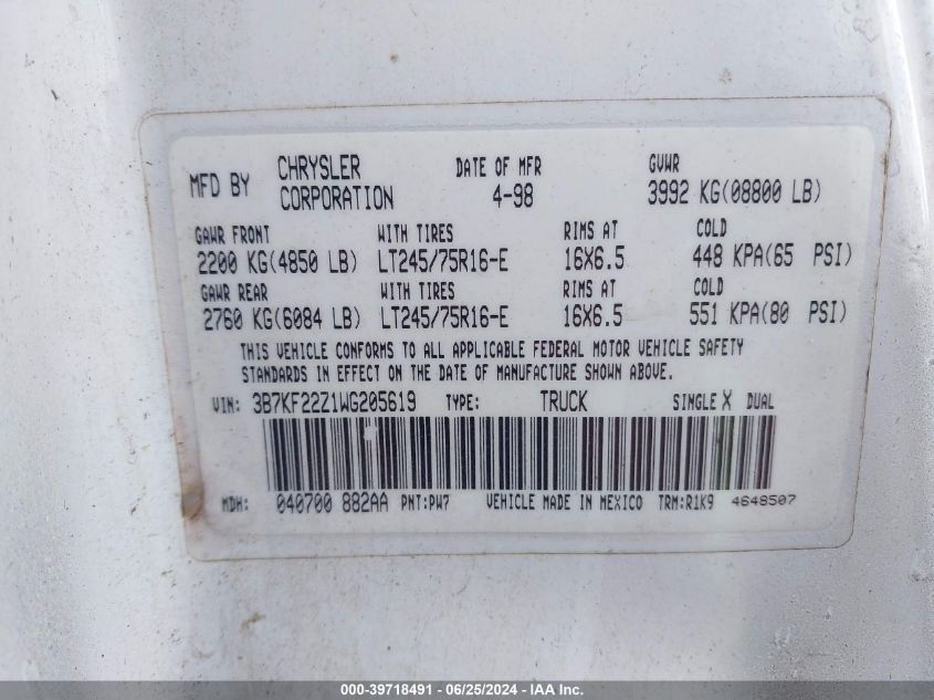 1998 Dodge Ram 2500 St VIN: 3B7KF22Z1WG205619 Lot: 39718491