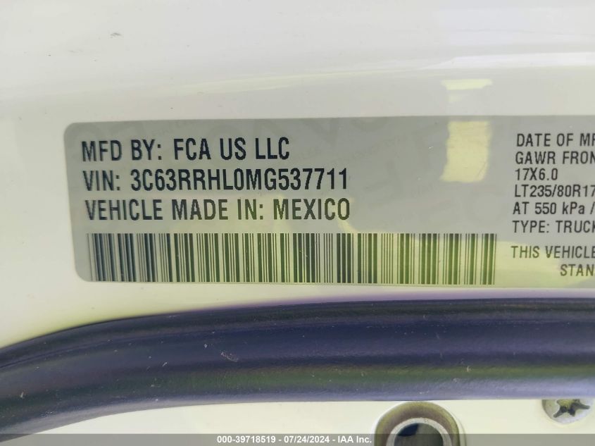 2021 Ram 3500 Big Horn 4X4 8' Box VIN: 3C63RRHL0MG537711 Lot: 39718519