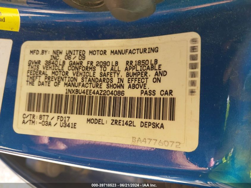 2010 Toyota Corolla S VIN: 1NXBU4EE4AZ204086 Lot: 39718523