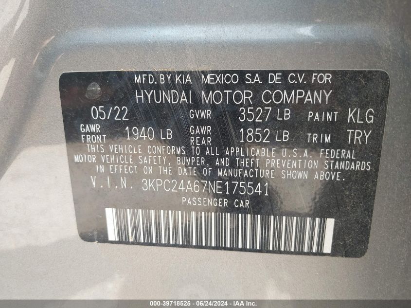 2022 Hyundai Accent Se VIN: 3KPC24A67NE175541 Lot: 39718525