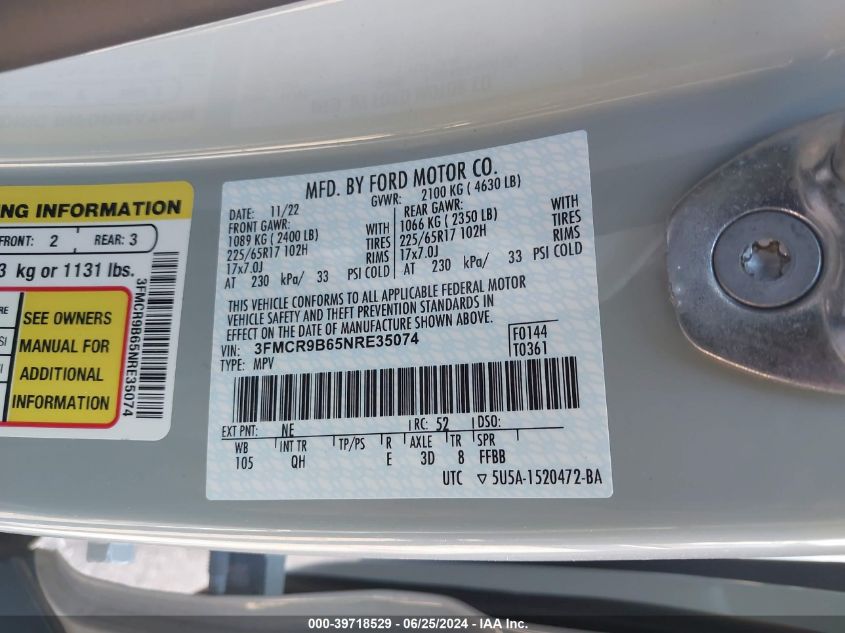 2022 Ford Bronco Sport Big Bend VIN: 3FMCR9B65NRE35074 Lot: 39718529