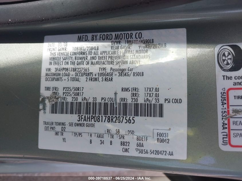 2008 Ford Fusion Sel VIN: 3FAHP08178R237565 Lot: 39718537