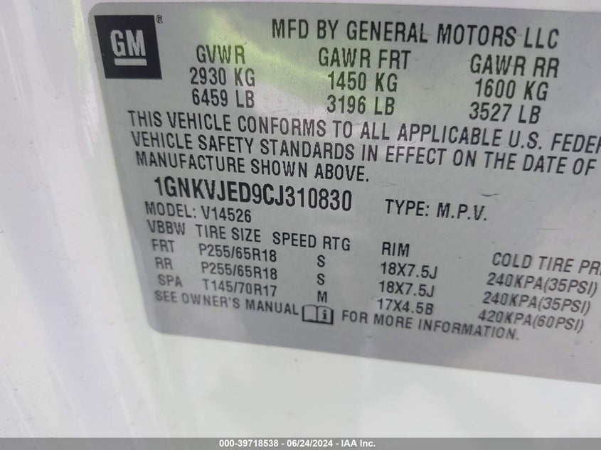 2012 Chevrolet Traverse 2Lt VIN: 1GNKVJED9CJ310830 Lot: 39718538