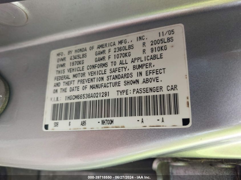 2006 Honda Accord 3.0 Ex VIN: 1HGCM66536A021291 Lot: 39718550