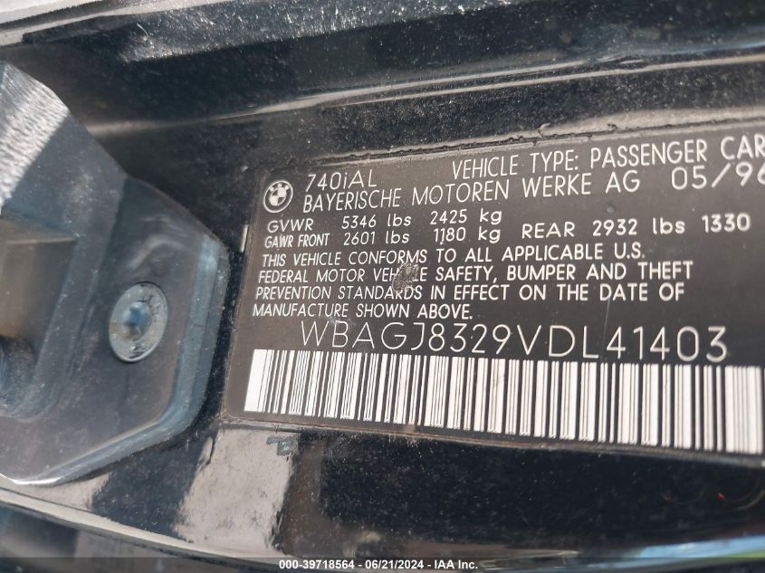 1997 BMW 740Il VIN: WBAGJ8329VDL41403 Lot: 39718564