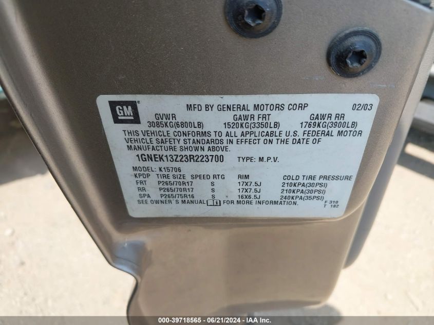 2003 Chevrolet Tahoe Z71 VIN: 1GNEK13Z23R223700 Lot: 39718565