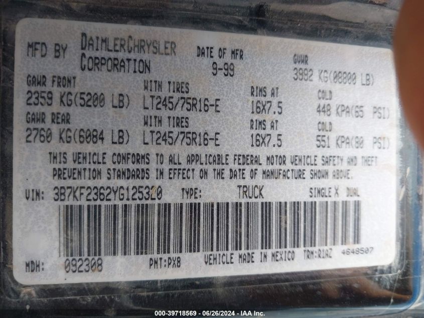 2000 Dodge Ram 2500 VIN: 3B7KF2362YG125320 Lot: 39718569