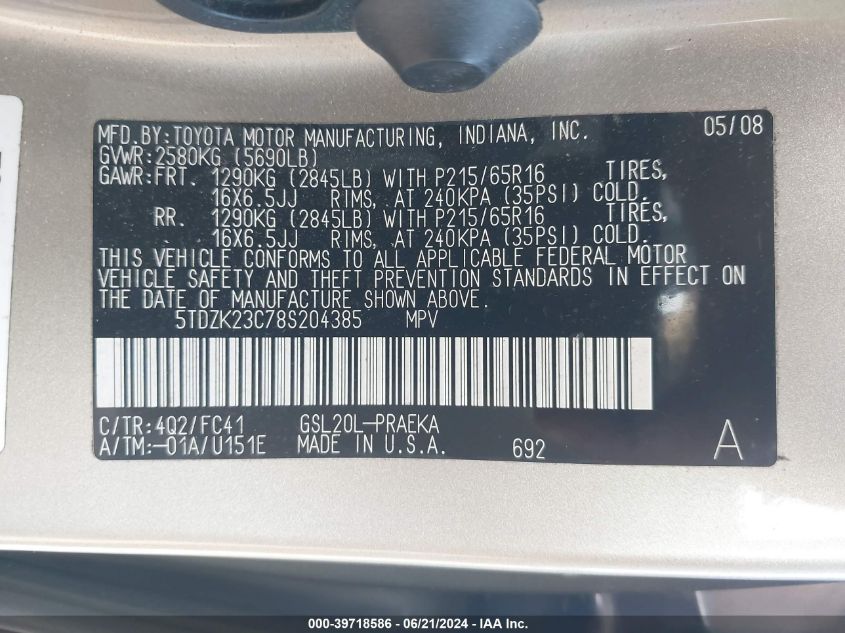 2008 Toyota Sienna Le VIN: 5TDZK23C78S204385 Lot: 39718586