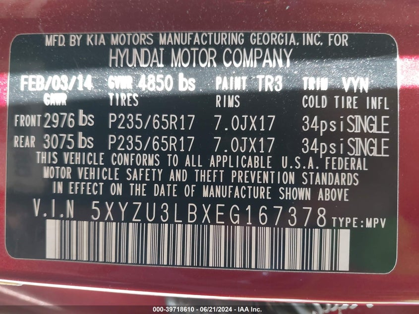 2014 Hyundai Santa Fe Sport 2.4L VIN: 5XYZU3LBXEG167378 Lot: 39718610