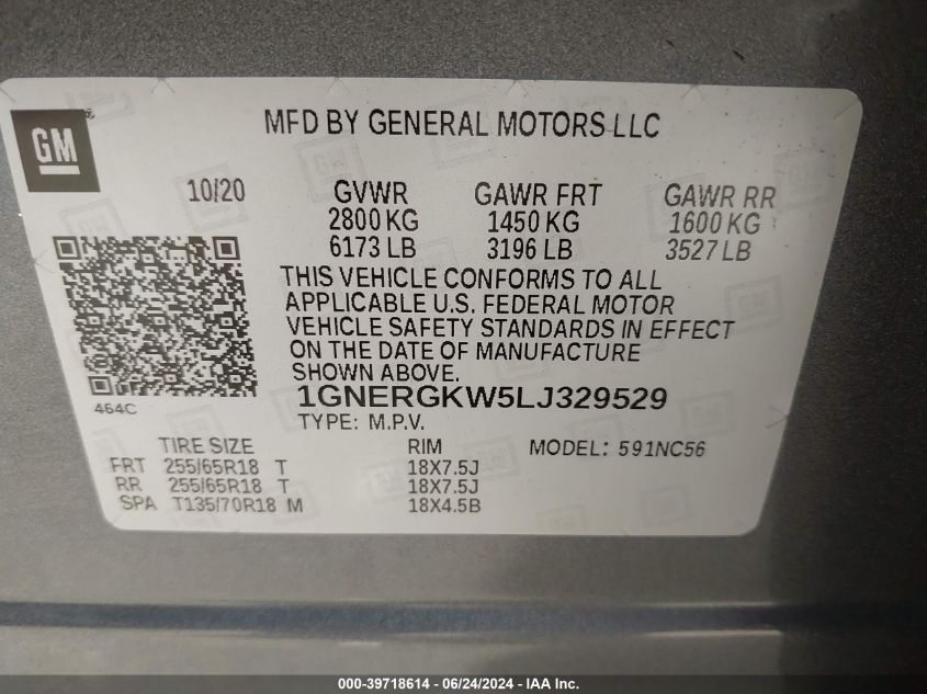 2020 Chevrolet Traverse Fwd Lt Cloth VIN: 1GNERGKW5LJ329529 Lot: 39718614