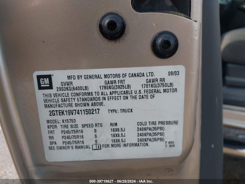 2004 GMC New Sierra K1500 VIN: 2GTEK19V741150217 Lot: 39718627