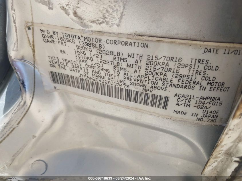 2002 Toyota Rav4 VIN: JTEHH20V026033479 Lot: 39718639