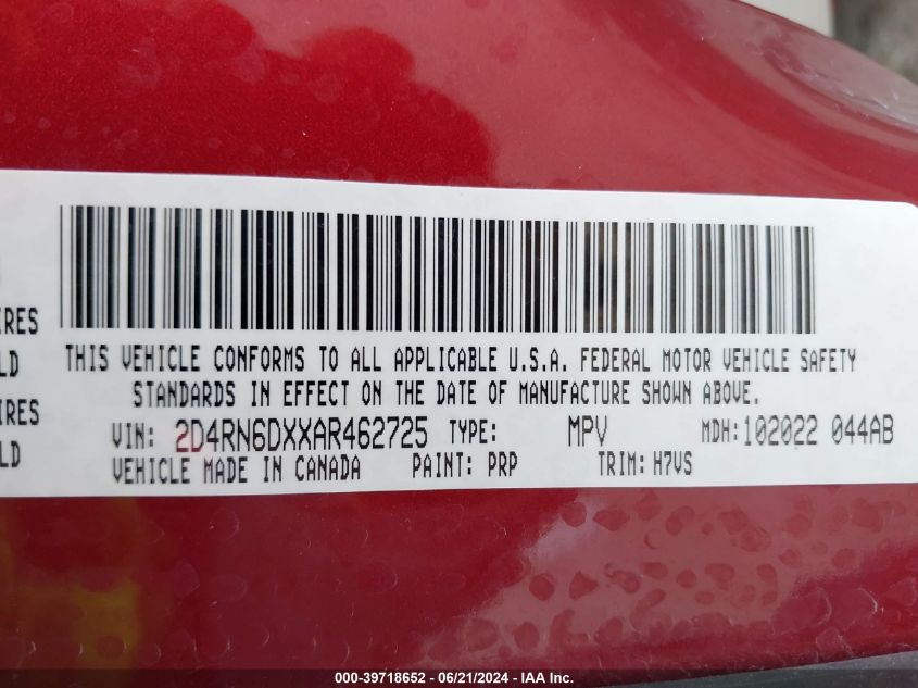 2010 Dodge Grand Caravan Crew VIN: 2D4RN6DXXAR462725 Lot: 39718652