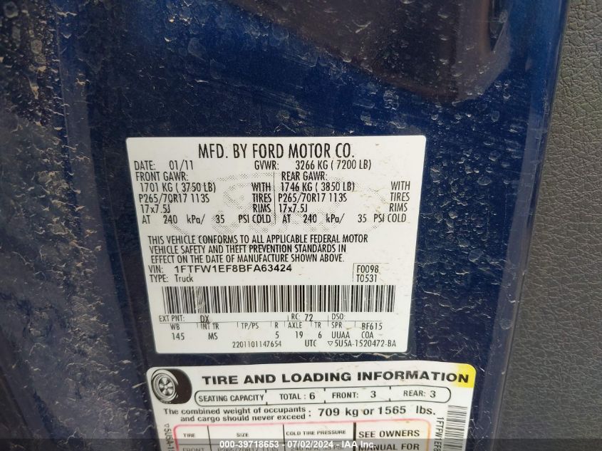 2011 Ford F-150 Xlt VIN: 1FTFW1EF8BFA63424 Lot: 39718653