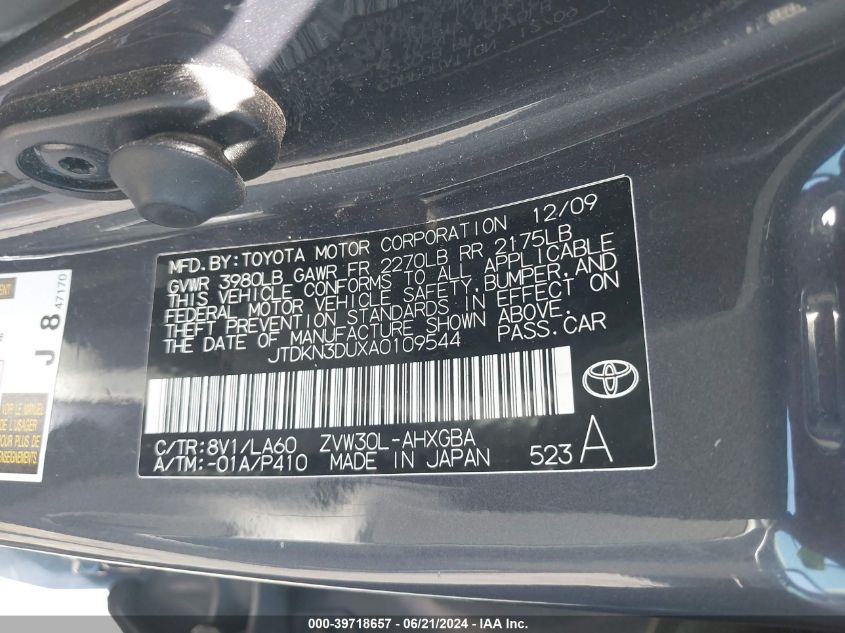 2010 Toyota Prius Iv VIN: JTDKN3DUXA0109544 Lot: 39718657