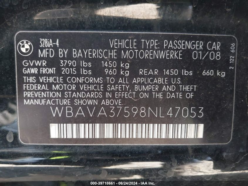 2008 BMW 328I VIN: WBAVA37598NL47053 Lot: 39718661