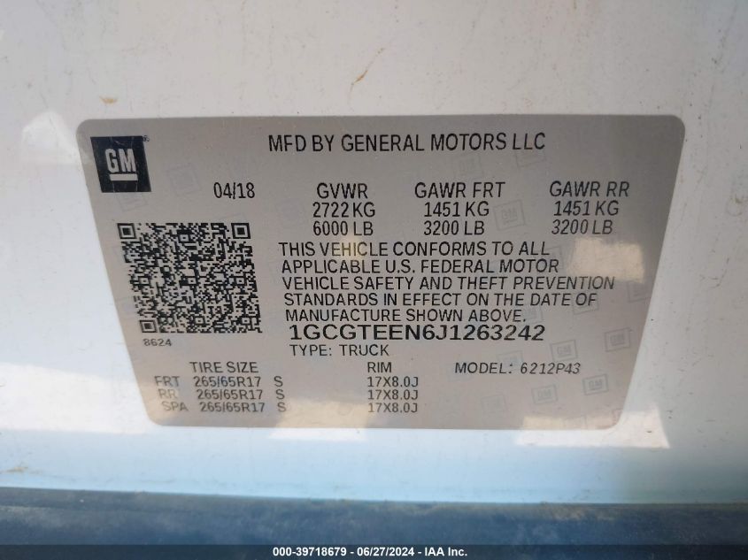 2018 Chevrolet Colorado Zr2 VIN: 1GCGTEEN6J1263242 Lot: 39718679