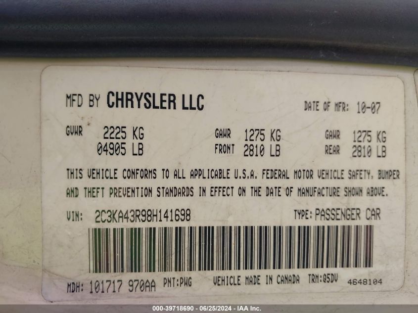 2008 Chrysler 300 Lx VIN: 2C3KA43R98H141698 Lot: 39718690