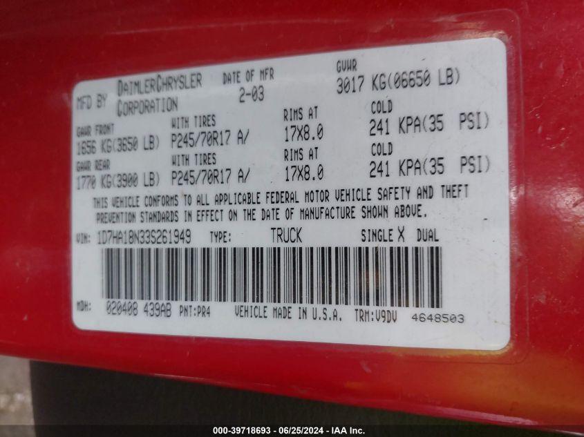2003 Dodge Ram 1500 St/Slt VIN: 1D7HA18N33S261949 Lot: 39718693