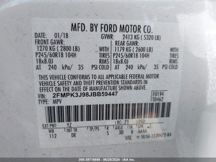 2018 Ford Edge Sel VIN: 2FMPK3J98JBB59447 Lot: 39718695