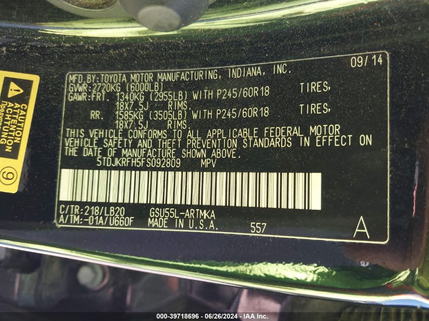 2015 Toyota Highlander Xle V6 VIN: 5TDJKRFH5FS092809 Lot: 39718696